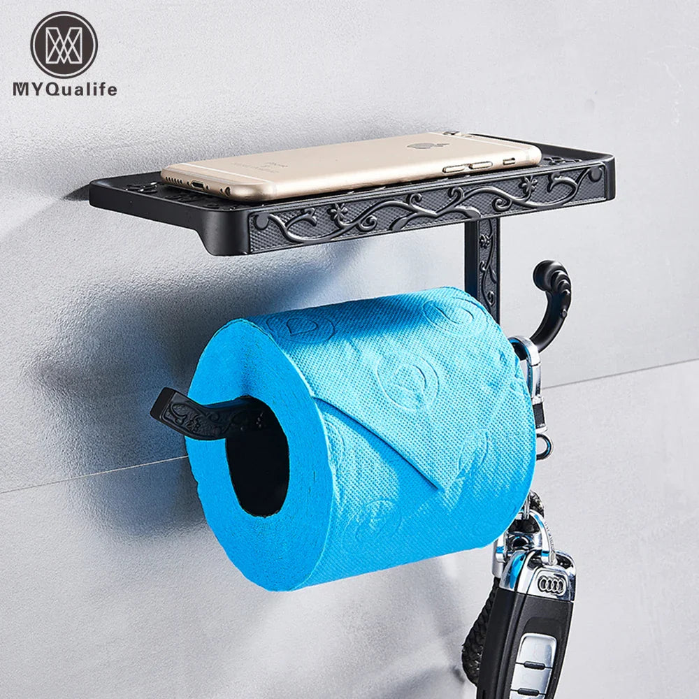 Afralia™ Black Toilet Paper Holder with Phone Rack: Wall-Mounted Aluminum Bathroom Storage
