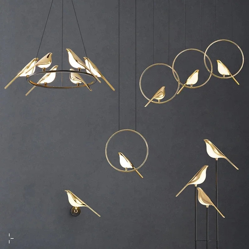 Afralia™ Gold Magpie Bird LED Ceiling Chandelier for Dining Room Decor