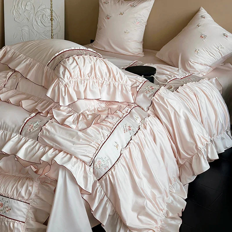 Afralia™ 1000TC Cotton Flowers Embroidery Lace Ruffles Bedding Set