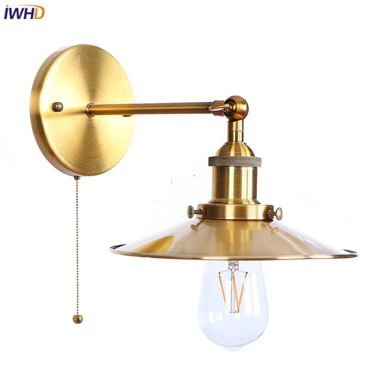 Afralia™ Loft LED Wall Lamp Gold Pull Chain Switch Industrial Luminaire