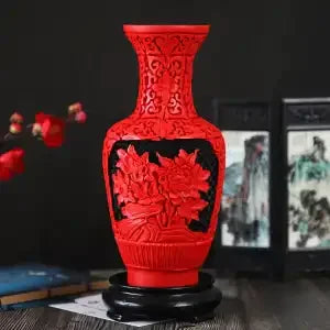 Afralia™ 10-inch Red Lacquerware Flower Auspicious Vase