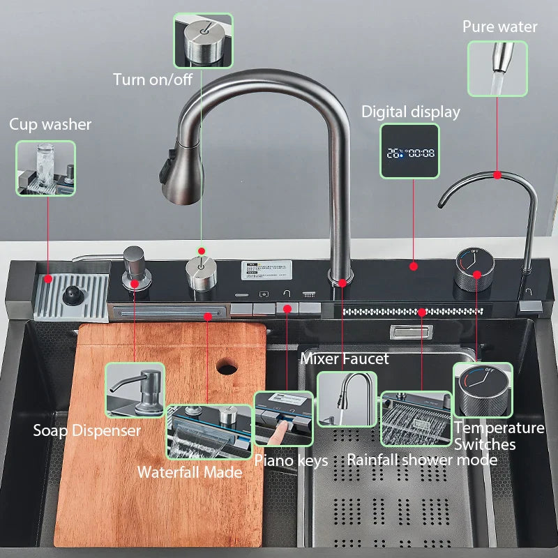 Afralia™ Stainless Steel Kitchen Sink Set with Faucet Display - Large Single Slot, Integrated Multifunction