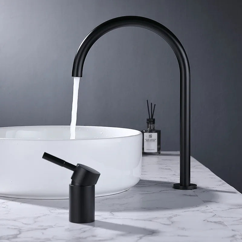 Afralia™ Black Basin Faucet: Brushed Gold Two-Hole Bathroom Sink Tap with Rotating Spout