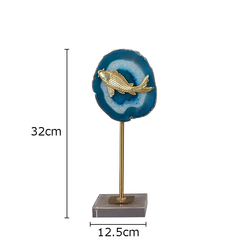 Afralia™ Blue Agate Golden Fish Statue on Crystal Base - Modern Room Decor