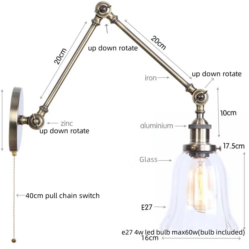 Afralia™ LED Glass Swing Arm Wall Lamps for Bedroom, Bathroom, and Stairway