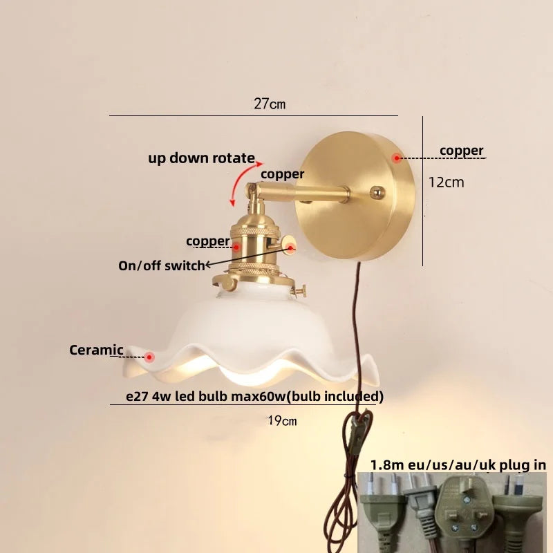Afralia™ Nordic Ceramic Wood Wall Sconce LED Lamp Adjustable Modern Bedroom Light