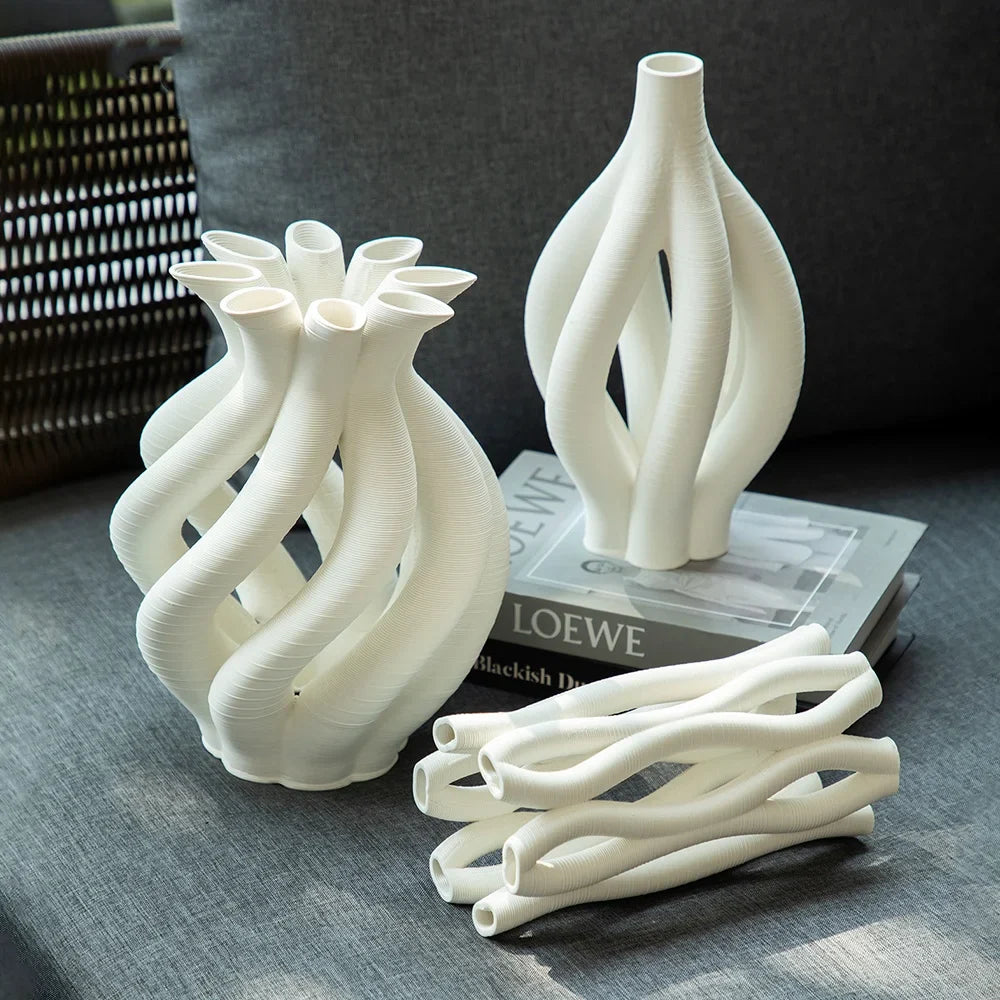 Afralia™ Geometric Ceramic Hollow Vases Spiral Pipe Floral Arrangement Home Decor Figurines