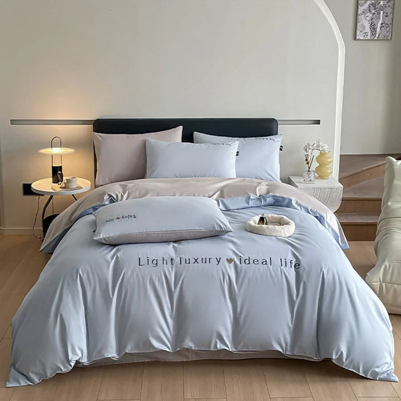 Afralia™ Pure Cotton Embroidered Bed Sets Solid Color Fitted Sheet Kit, Cozy Comforter Sets