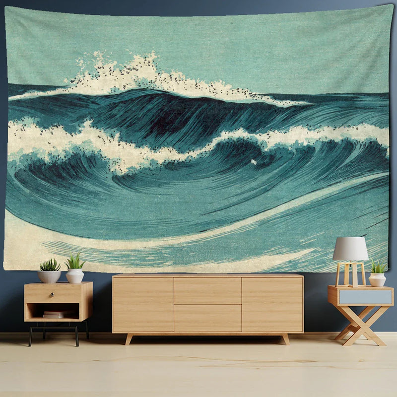 Afralia™ Blue Wave Oil Painting Tapestry Wall Hanging for Bohemian Style Room Decor
