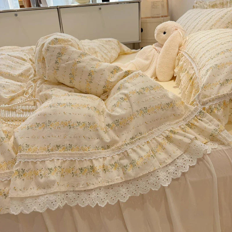 Afralia™ Princess Style Lace Ruffles Bedding Set - 100% Cotton, 3/4Pcs, Korean Design