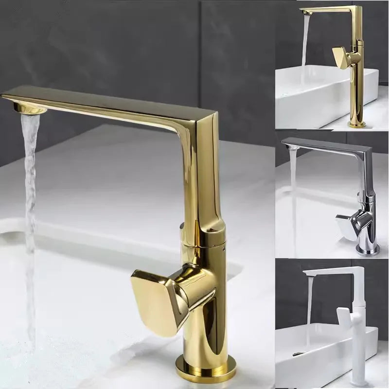 Afralia™ Gold Brass Bathroom Basin Faucet, Single Handle Hot & Cold Mixer Tap