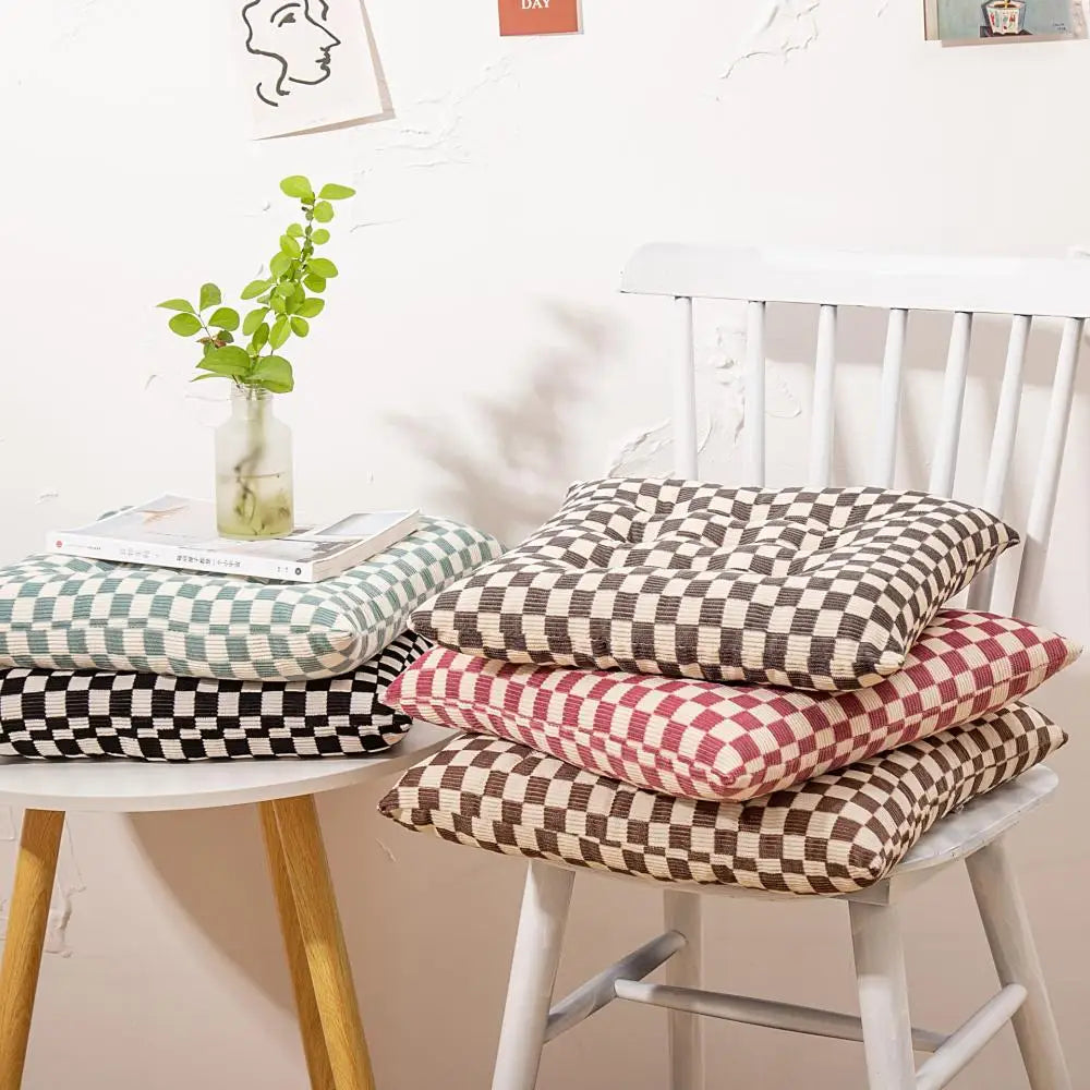 Afralia™ Checkered Corduroy Seat Cushion, Winter Thick Dining Chair with Strap