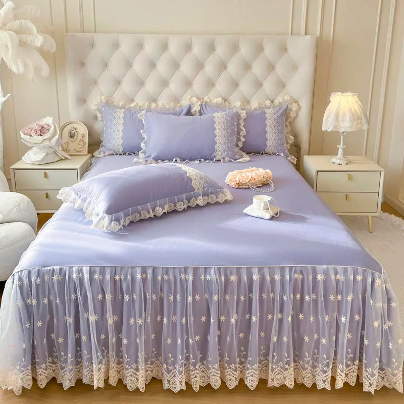 Afralia™ Cotton Lace Princess Bed Sheet Set with Solid Color Bedspread