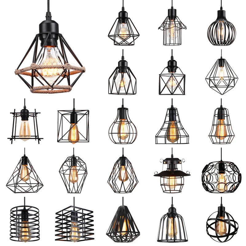 Afralia™ Black Metal Cage Pendant Light - Vintage Industrial Loft Kitchen Lighting