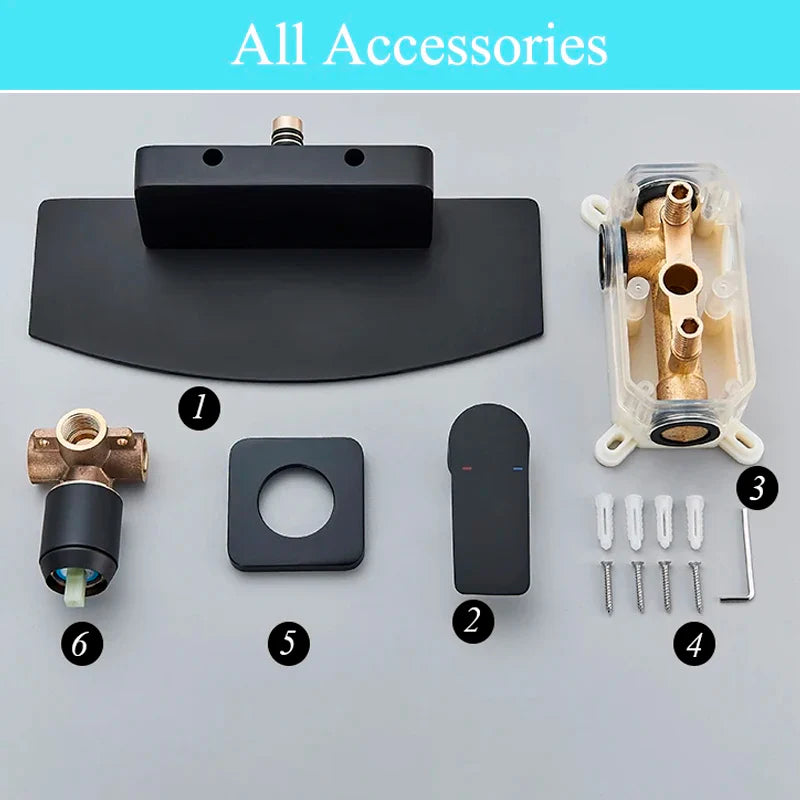 Afralia™ Matte Black Waterfall Sink Faucet Shelf Hot Cold Mixer Taps - Wall Mounted Brass Basin Faucet