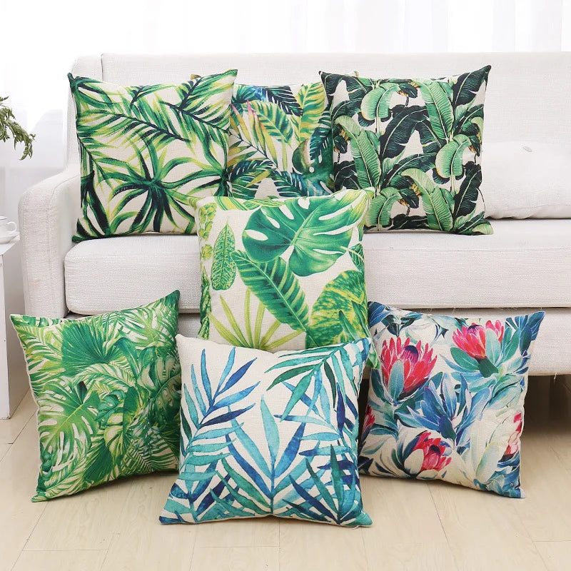 Afralia™ Green Plant Leaves Flower Linen Cushion Cover - Modern Sofa Throw Pillow Cover