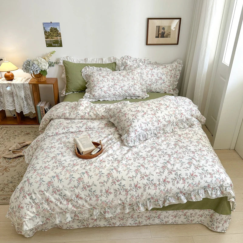 Afralia™ Floral Lace Ruffle Bedding Set, Fresh Flower Single Duvet Cover, 100% Cotton