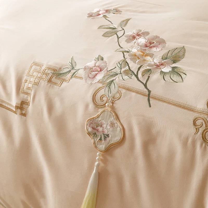 Afralia™ Luxe Flowers Embroidery 1000TC Egyptian Cotton Bedding Set with 2 Pillowcases