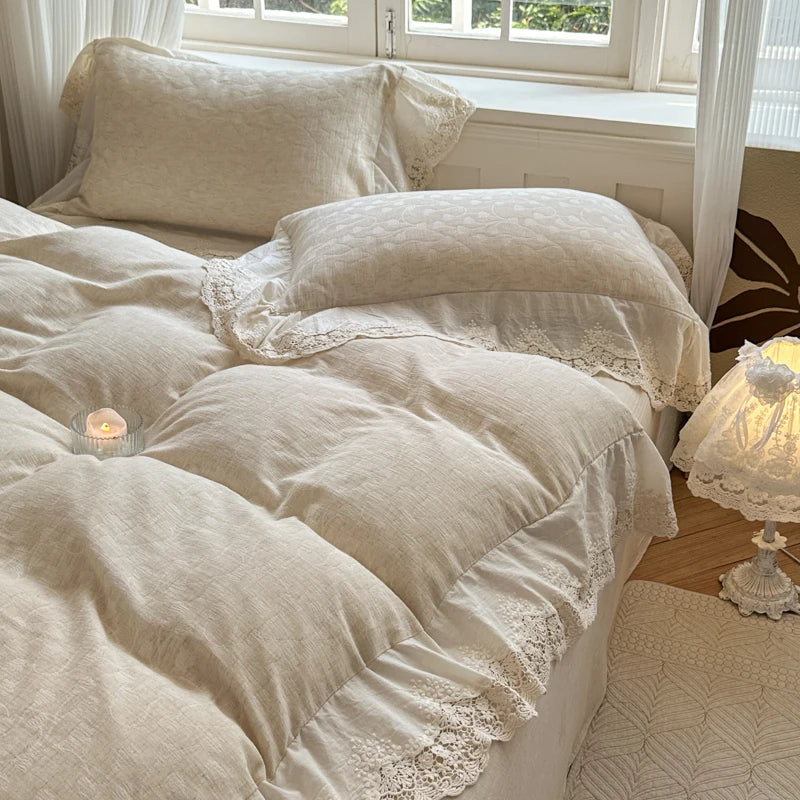 Afralia™ Jacquard Linen Cotton Ruffles Bedding Set with French Lace in Natural Skin Tone
