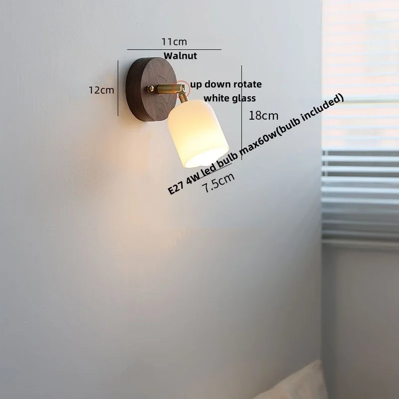 Afralia™ Walnut Wood LED Wall Lights Bedroom Copper Rotate Glass Pull Chain Switch