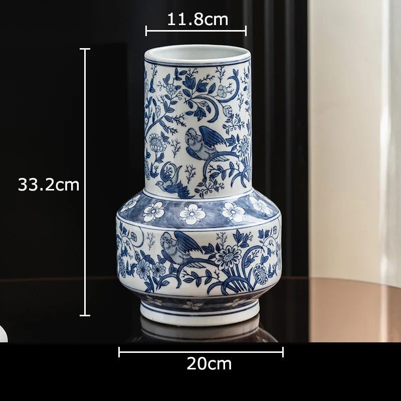 Blue & White Porcelain Vase with Flower & Bird Patterns by Afralia™: Elegant Table Decoration & Plant Pot