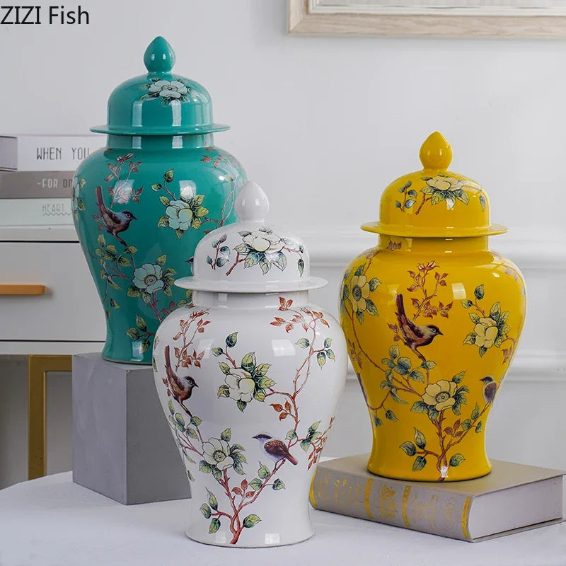 Afralia™ Ceramic Bird & Flower General Jar - Large Capacity Sealed Storage & Vase