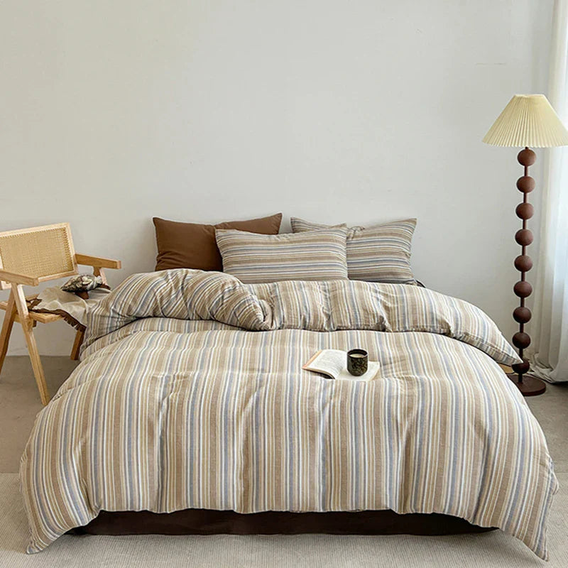 Afralia™ Striped Washed Cotton Bedding Set for Queen King Bed Comfortable Soft Material