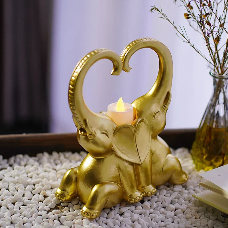 Afralia™ Elephant Couple Resin Candlestick Figurines Decor