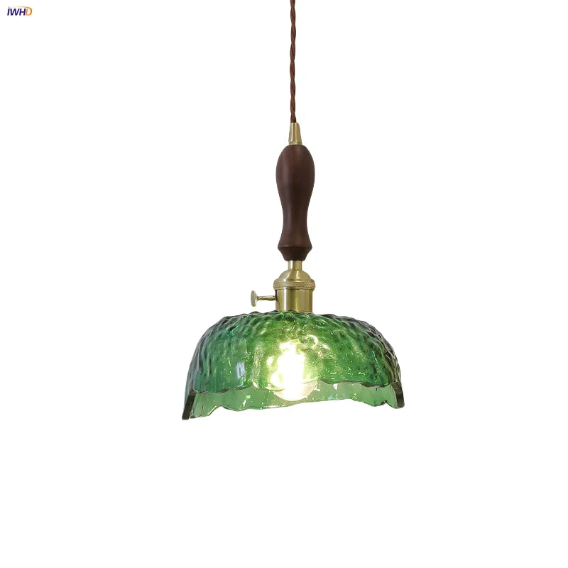 Afralia™ Green Glass Walnut Wood LED Pendant Light, Nordic Modern Hanging Lamp