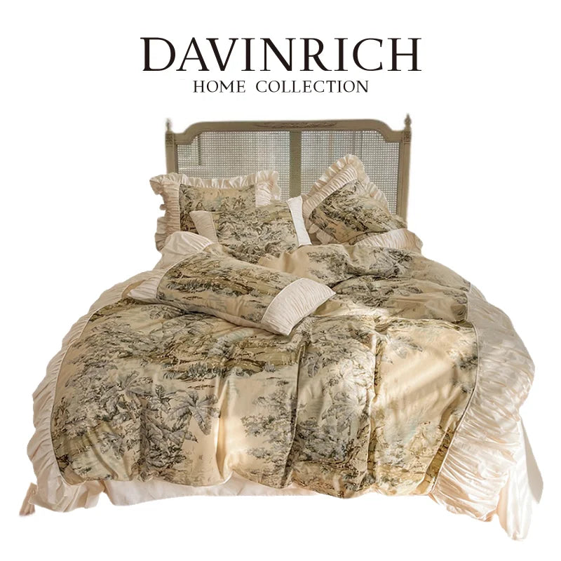 Afralia™ Vintage Oil Painting Inspired Ruffled Queen Duvet Cover Set - 4 Pieces