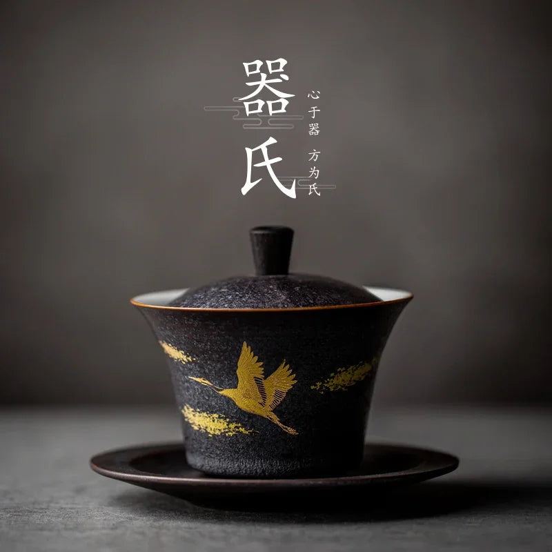 Afralia™ Handmade Ceramic Gaiwan Tea Cup Kung Fu Tea Set Tureen Drinkware
