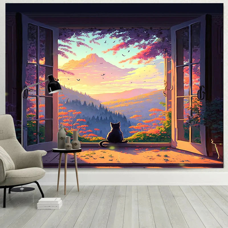Afralia™ Dreamy Window Cat Tapestry Landscape Wall Cloth for Bedroom & Living Room