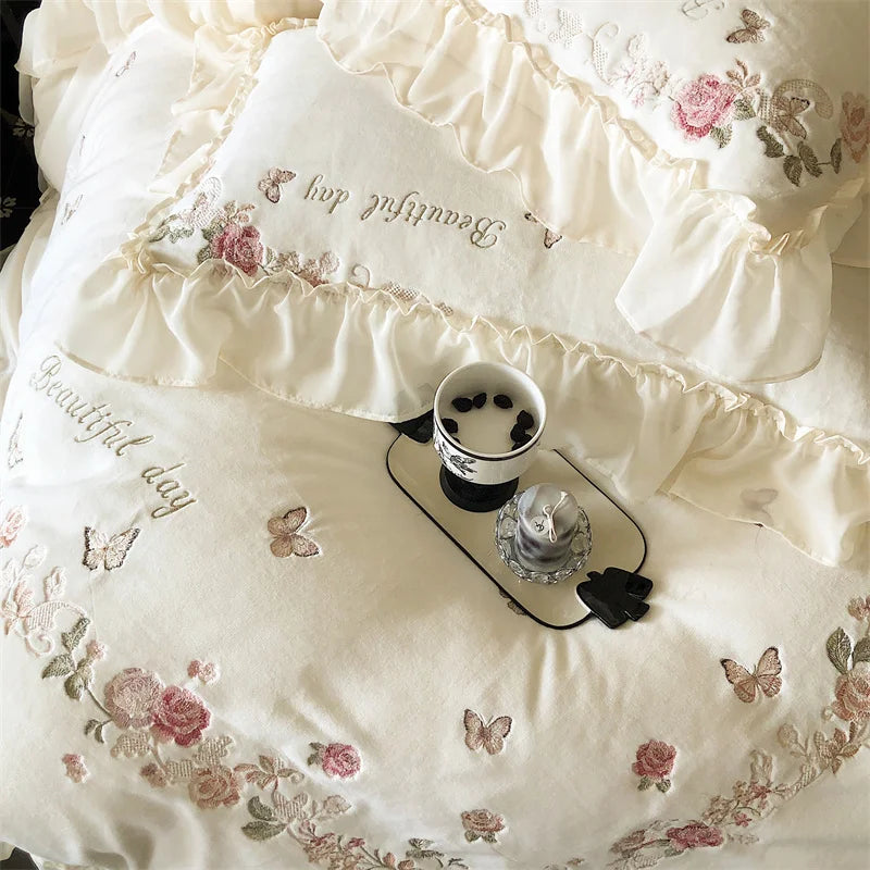 Afralia™ Rose Butterfly Embroidery Velvet Bedding Set with Lace Details
