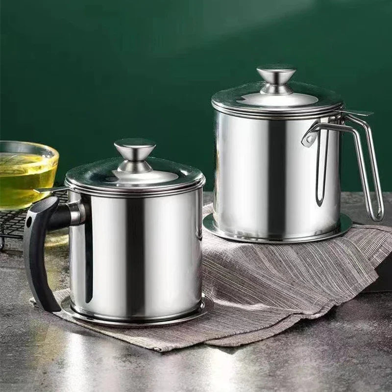 Afralia™ Stainless Steel Oil Filter Pot Strainer Container for Cooking Oil and Lard Storage