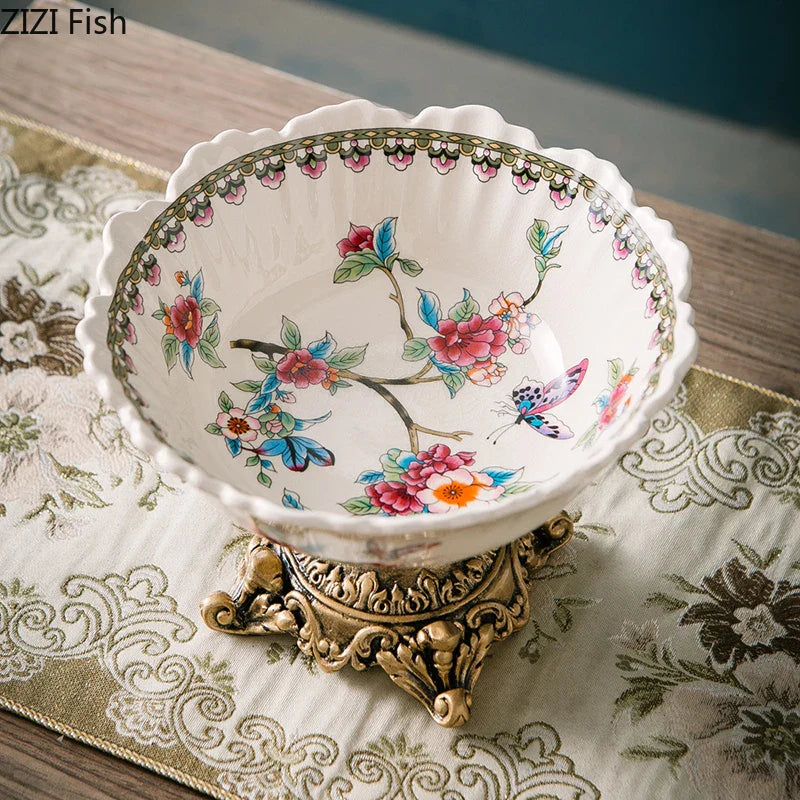 Afralia™ Colorful Flower Pattern Fruit Bowl Tray, High-Footed Dessert Plate for Coffee Table