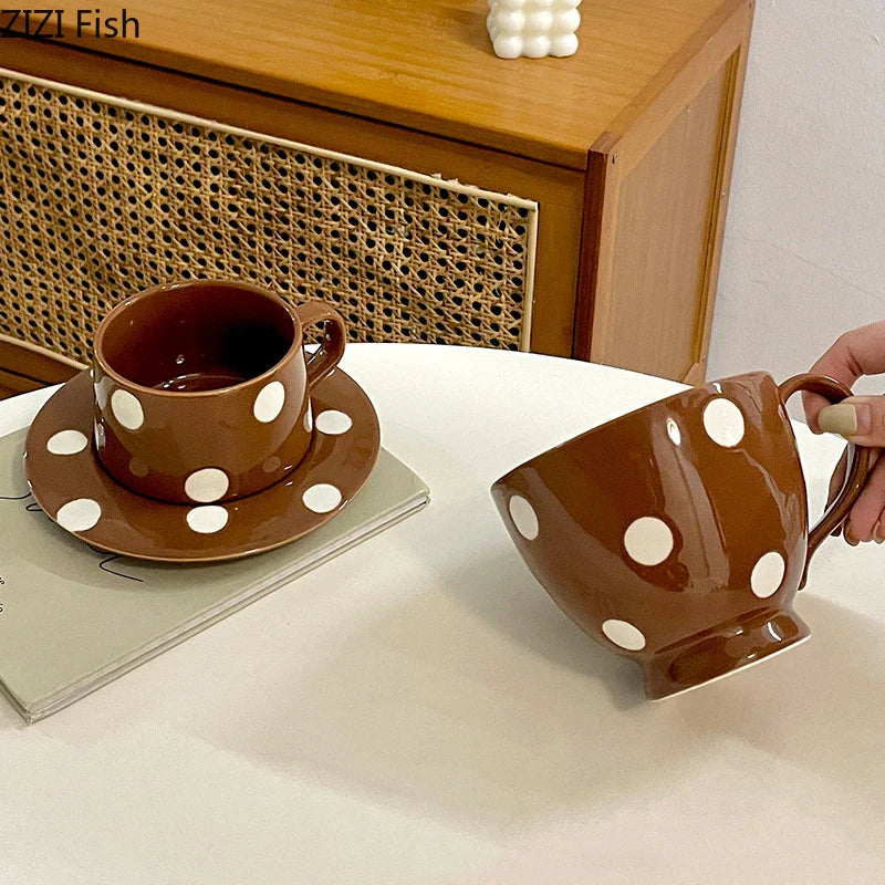 Afralia™ Polka Dots Ceramic Cup&Saucer Set - Modern Mugs for Coffee, Tea, Juice
