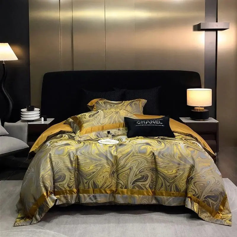 Afralia™ Brocade Satin Jacquard Luxury Cotton Bedding Set - Duvet Cover, Sheet, Pillowcases