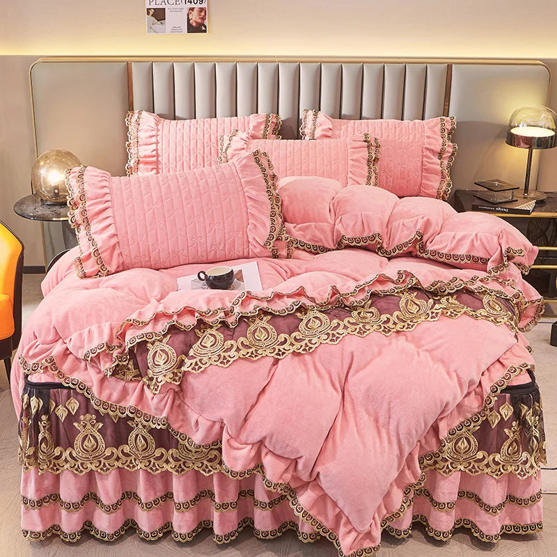 Afralia™ Velvet Bedding Set with Gold Lace Ruffles, Removable Bed Skirt & Pillowcase