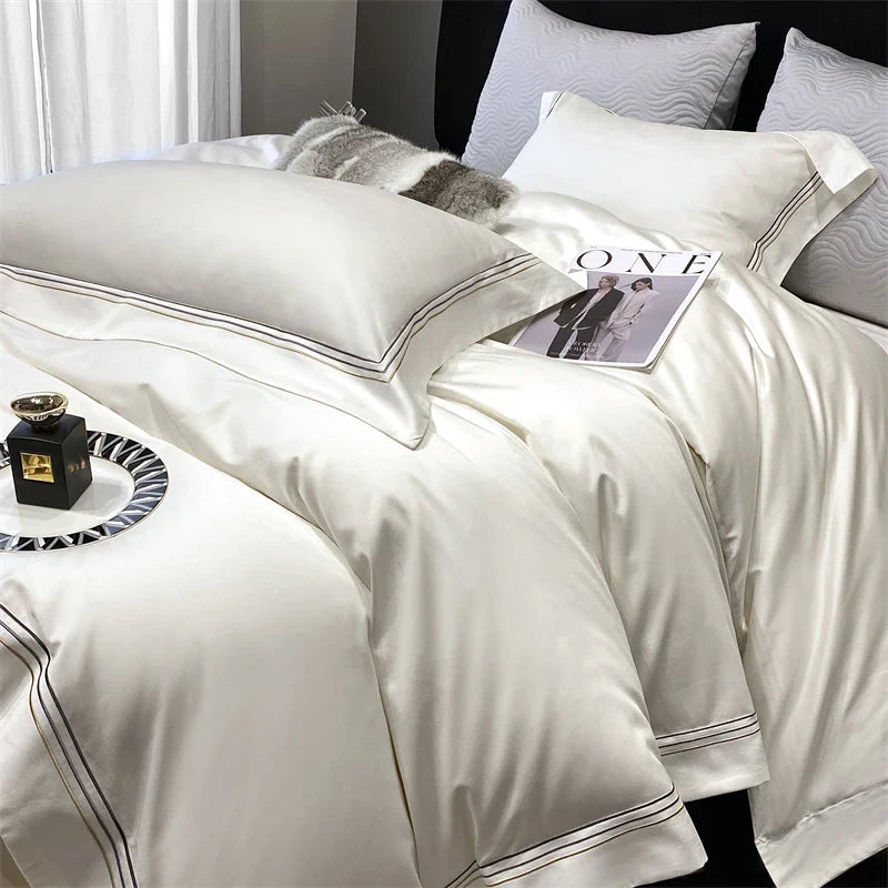 Afralia™ Luxury Egyptian Cotton Embroidery Bedding Set - Soft & Silky Pearl White