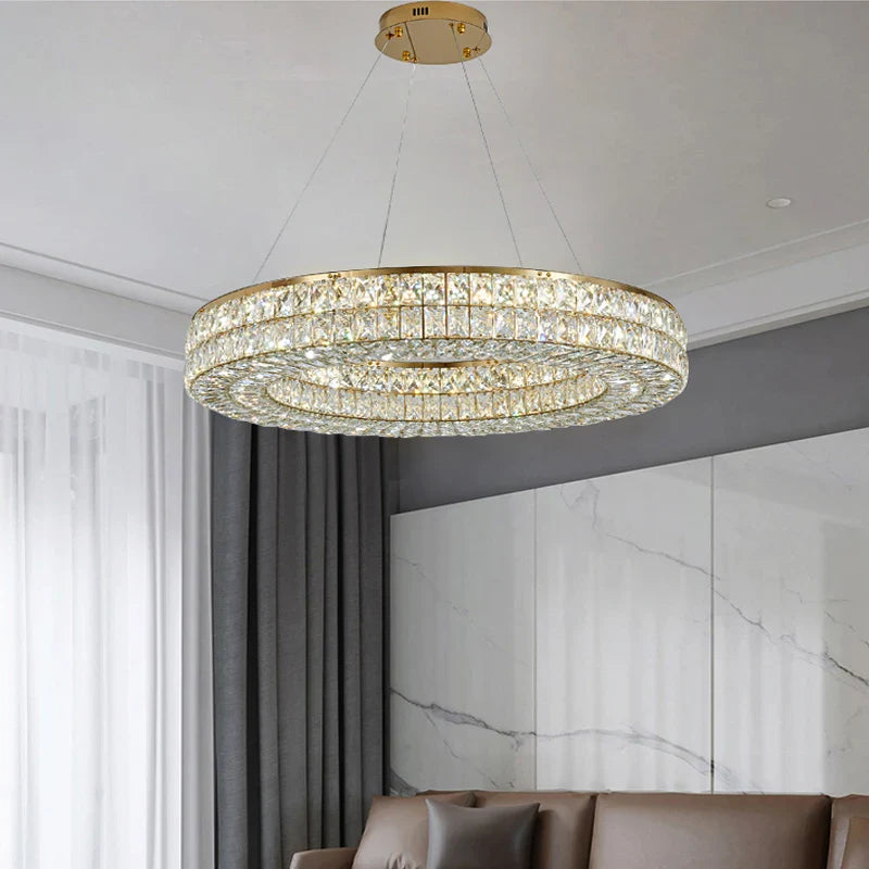 Afralia™ Modern Golden Ring Crystal Chandelier LED Light for Luxe Living Room