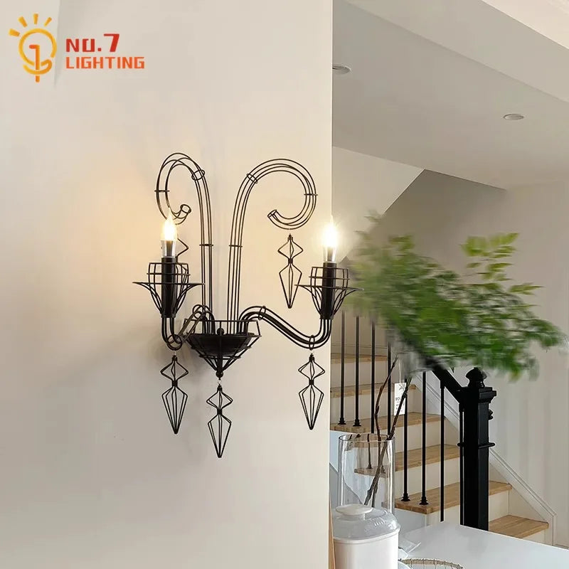 Afralia™ Iron Art Candle Wall Lamp LED E14 Black Retro Industrial Baroque.