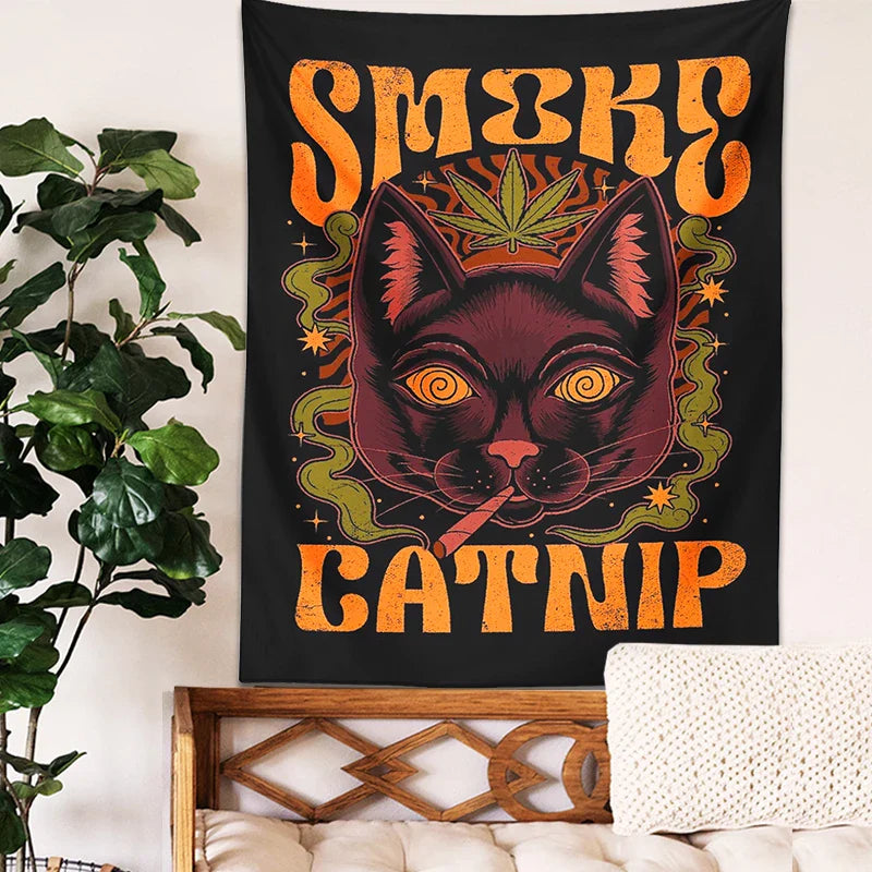 Afralia™ Smoke Catnip Tapestry Wall Hanging Tarot Cat Mysterious Divination Witchcraft Dorm Decor