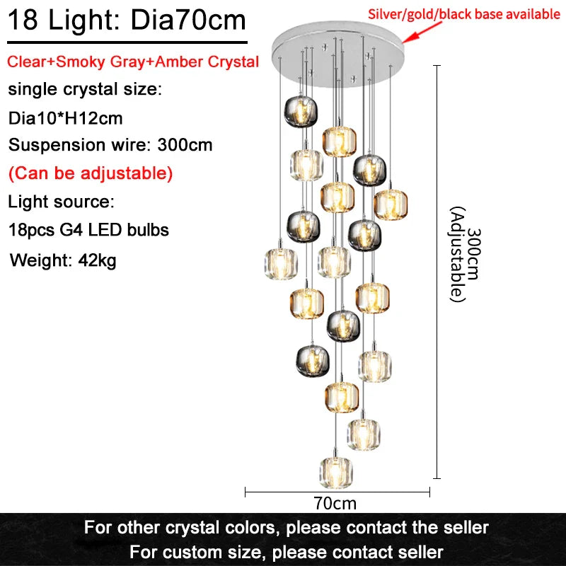Afralia™ Crystal Staircase Chandelier: Luxury Amber/Smoky Grey/Clear LED Hanging Lamp