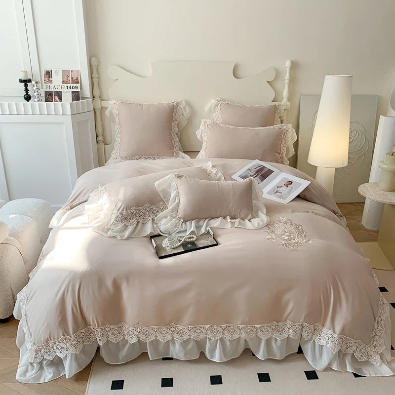 Afralia™ Matcha Green French Chiffon Lace Queen Bedding Set with Ruffles & Embroidery