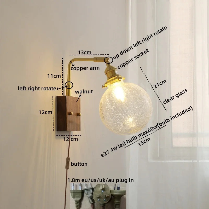Afralia™ Glass Copper LED Wall Lights Modern Bedside Lamp Applique Da Parete