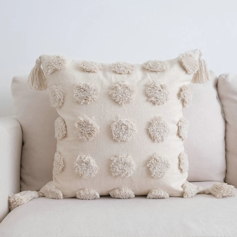 Afralia™ Boho Beige White Tufted Tassel Cushion Cover Linen Cotton Embroidered Pillow Case