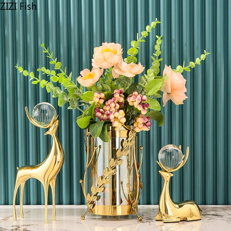 Afralia™ Golden Deer Crystal Ball Antler Sculpture - Room Decor