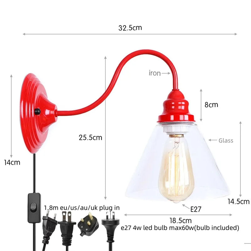 Afralia™ Red LED Iron Wall Lights - Industrial Vintage Bedroom Lamp