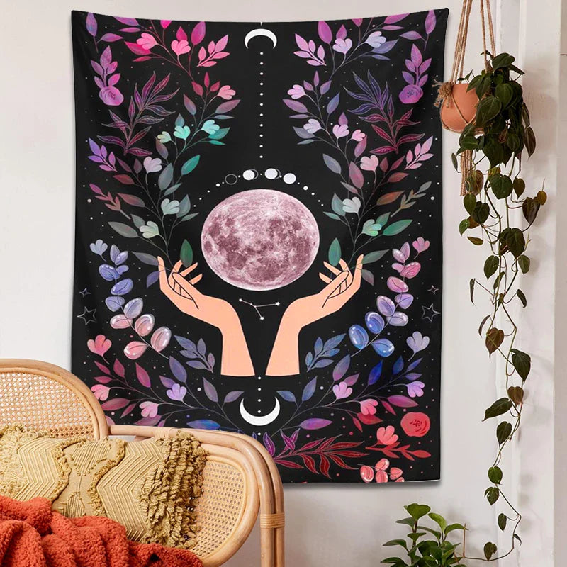 Afralia™ Botanical Moon Tapestry: Psychedelic Boho Wall Art for Magic Crystal Altar & Chakra