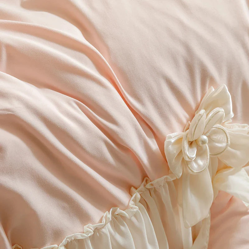 Afralia™ Sweet Lace Ruffles Flowers Bow Wedding Bedding Set - 200X230cm